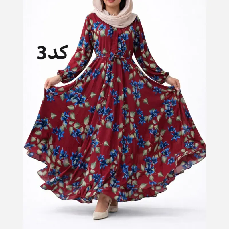 پیراهن نخی کلوش طرح دار زنانه قد 130 سانتی متر