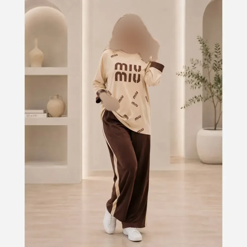 ست شومیز و شلوار گلکسی miu miu کرم قهوه ای فری سایز تا 48