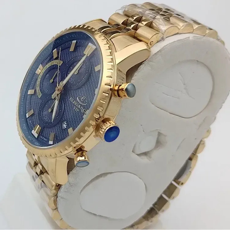 ساعت مچی مردانه الگانس طلایی صفحه سرمه ای سه موتور کرنوگراف