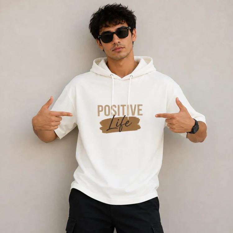 تی شرت مردانه کلاه دار پنبه ای طرح حروف مدل positive