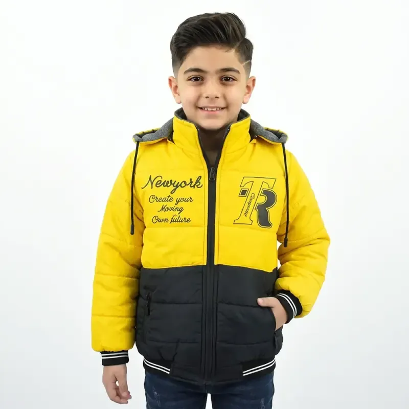 کاپشن پسرانه دو رو شمعی زرد کلاه دار